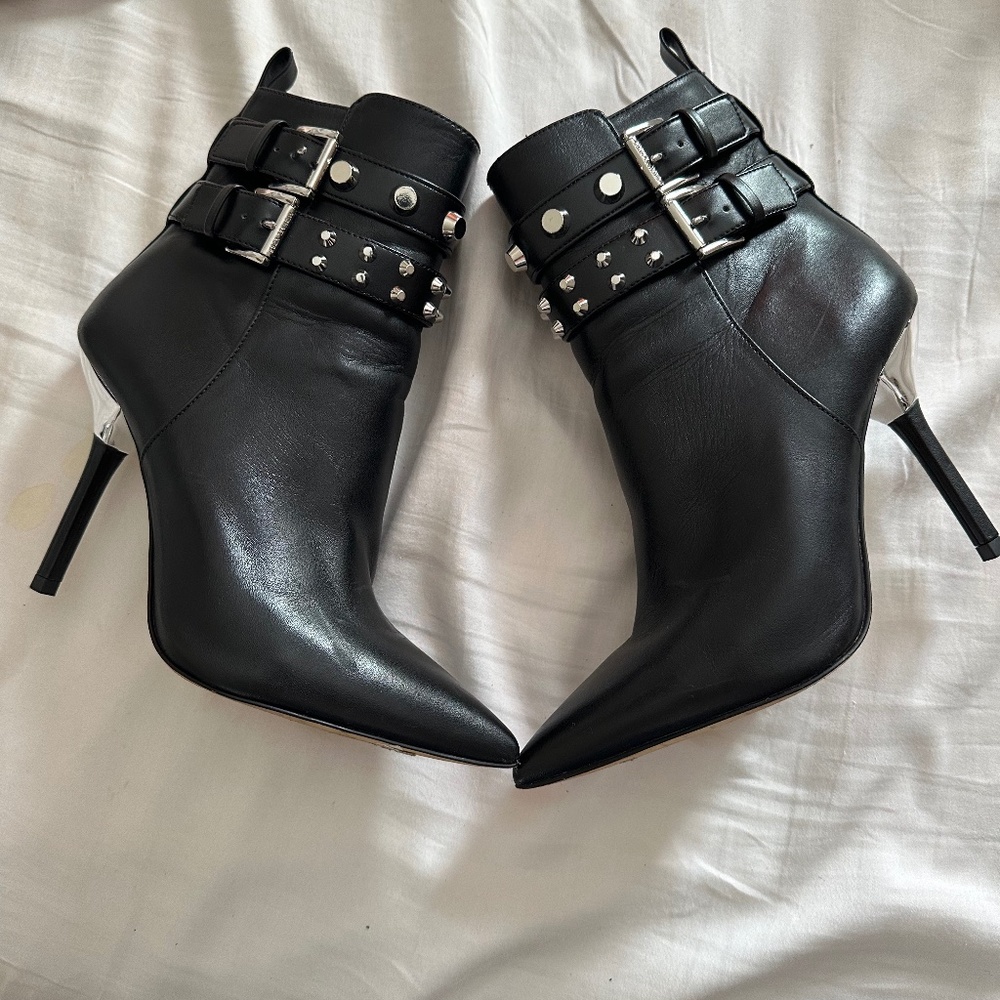 MICHAEL KORS BLACK LEATHER STILETTO STUDDED BOOTS